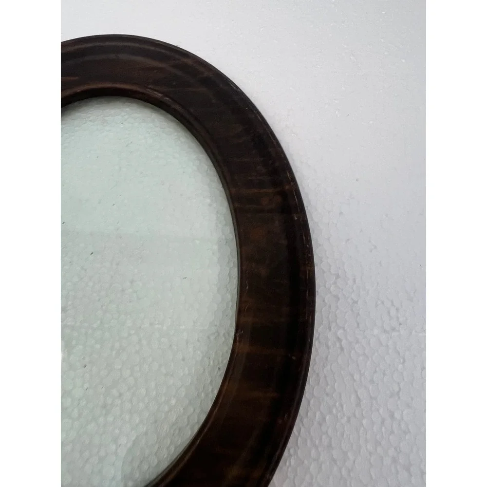 Vintage 1940s Faux Wood Tin Oval Picture Frame w Glass Round Art Deco Metal 6x8